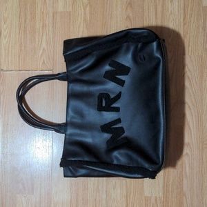 Marina Rinaldi Black Leather Tote Bag Logo Shearling Trim Fall Designer